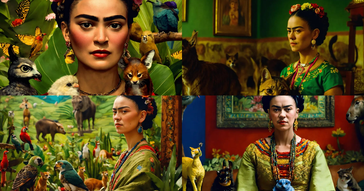 Lexica - Epic shot of Frida Kahlo, like her own painting, with animals ...