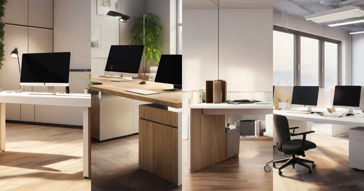 Lexica White wood office desk, close up, cubic office, computer