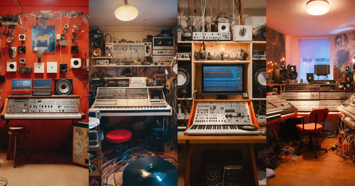 Lexica - Close up photography, a white music studio full of machines ...