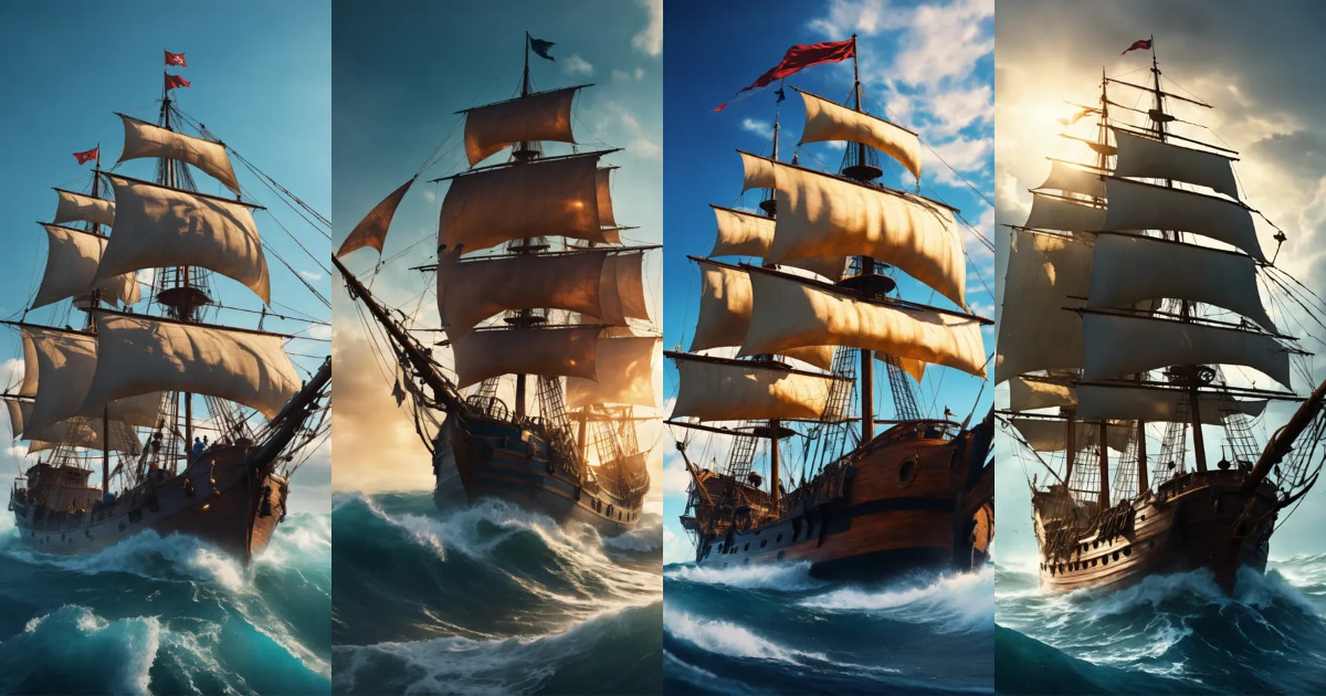 Lexica - Pirate ship damaged sails sailing forward in the waves of a ...