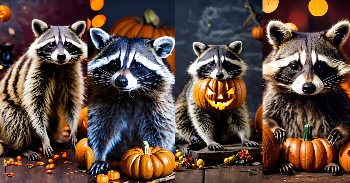 Lexica - A photograph of a raccoon celebrating Halloween with spooky ...