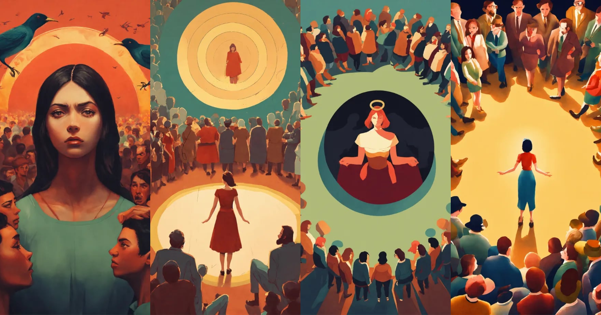 Lexica - A lone woman getting surrounded by an angry mob of people in a ...