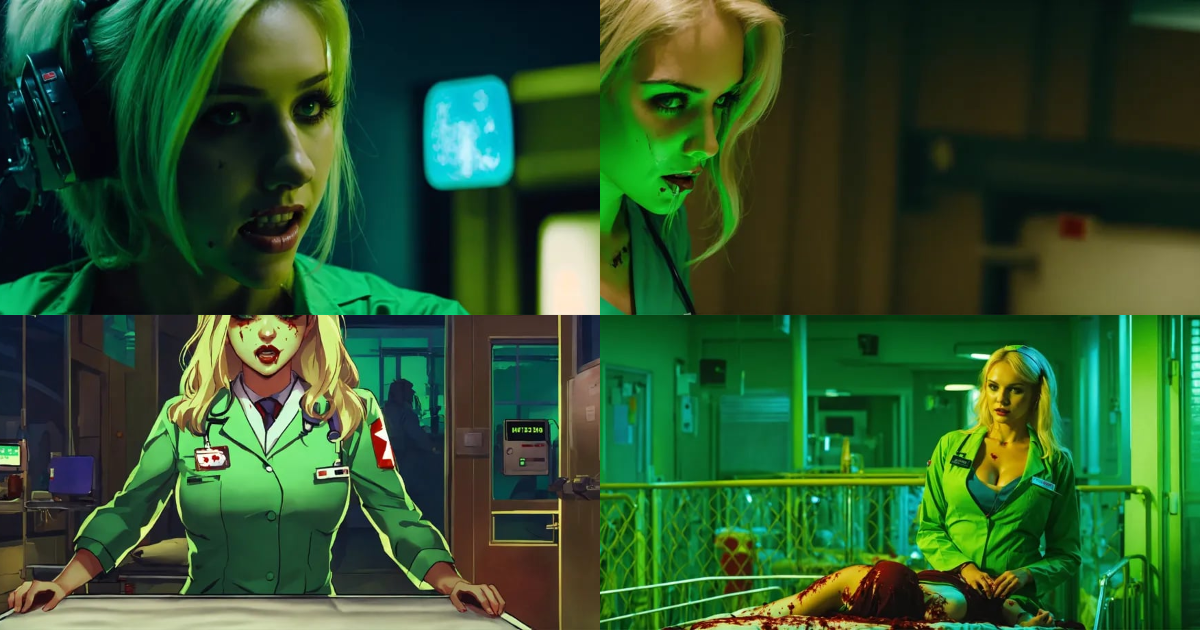 Lexica A hot zombie nurse blonde in a green uniform in a hospital at