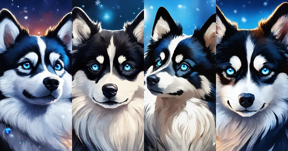 Lexica - Illustration of a magnificent black and white pomsky with blue ...