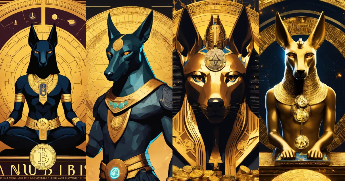 Lexica - Advertising poster of Anubis, surrounded by cryptocurrency