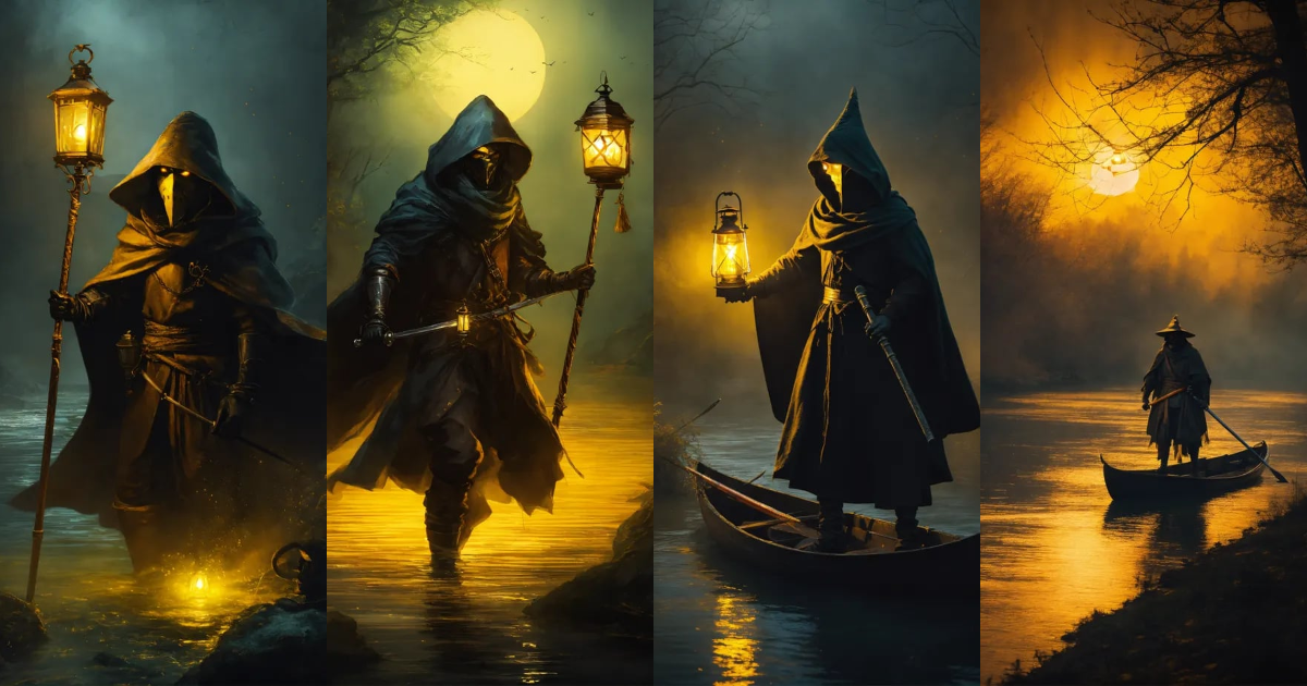 Lexica - Dark and scary image of the river Styx with a hooded gaunt ...