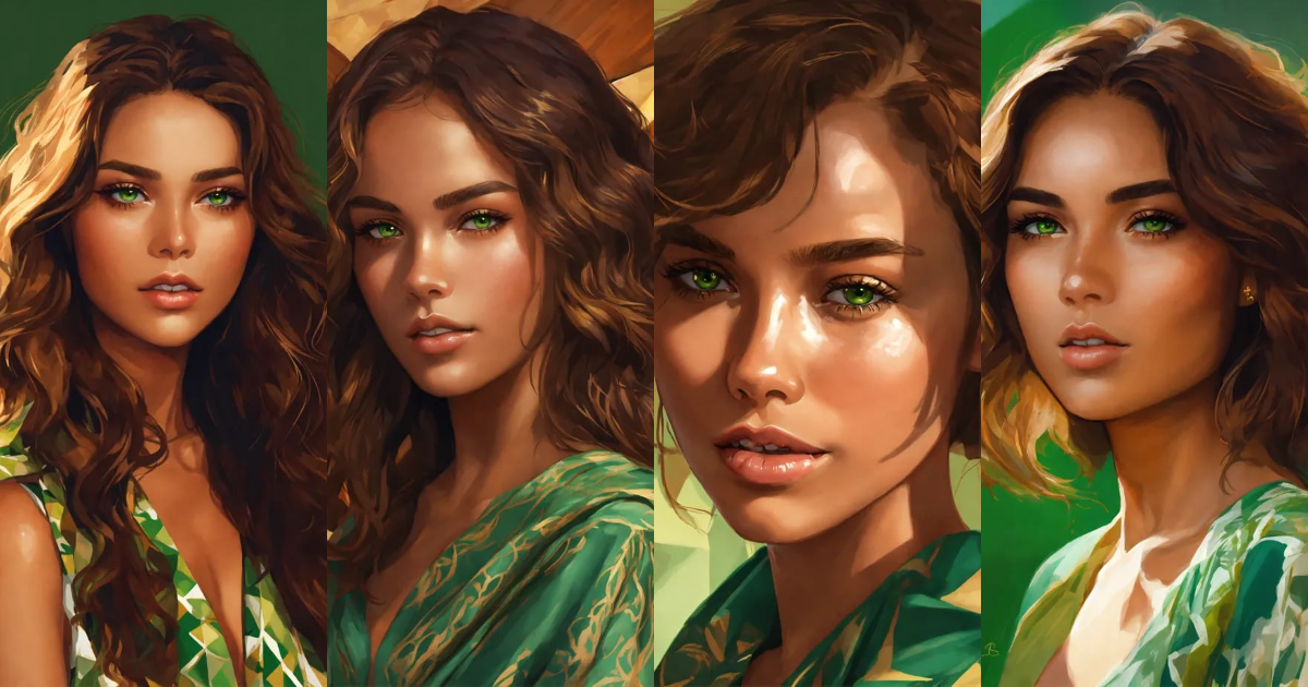 Lexica - A digital portrait of a woman with golden tan skin, green eyes ...