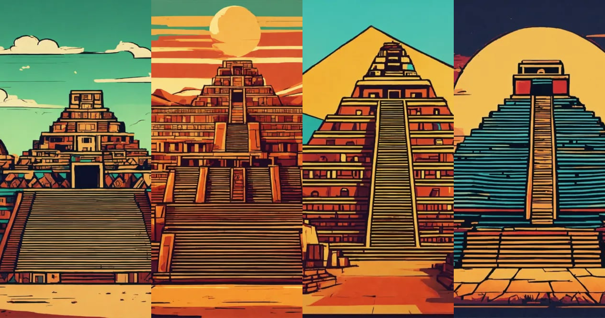 Lexica - Graphic stylized drawing of aztec city in 4 colors, 8k