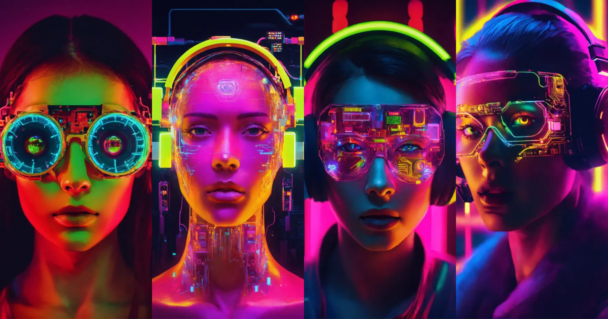 Lexica - Human face with computer vision gear in a neon vibes