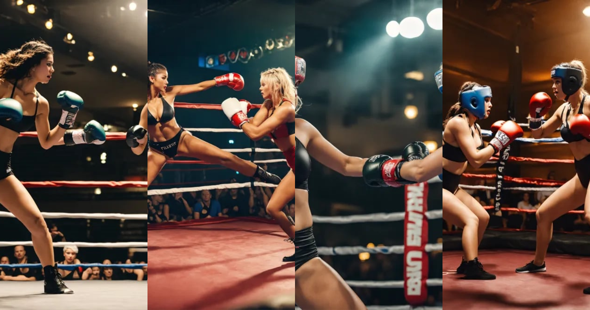 Lexica - Two females, in monokini, 38D cup, fighting in boxing ring