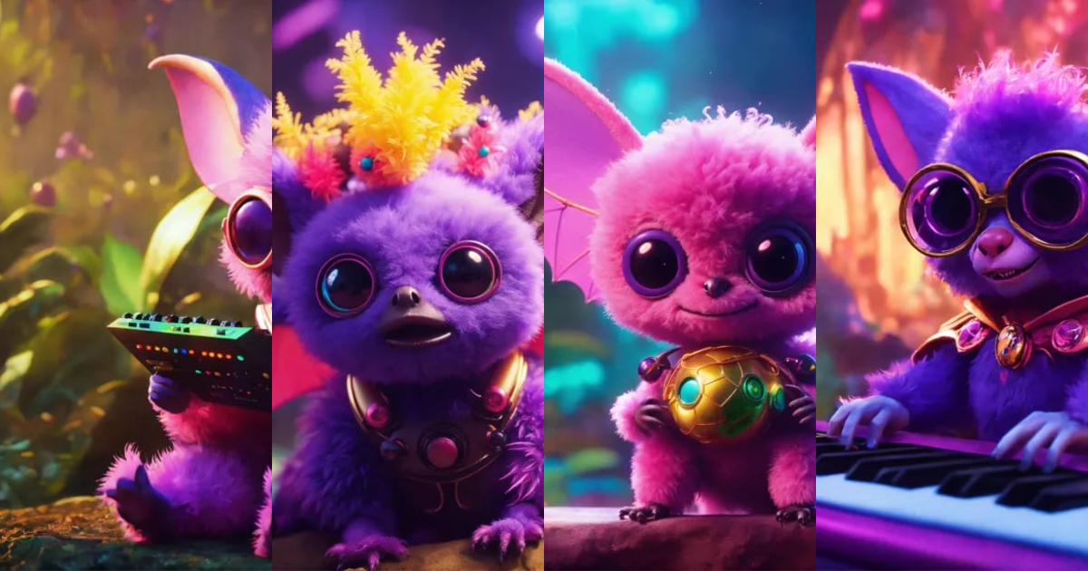 Lexica - Crazy cute fuzzy pink and purple alien fruitbat character with ...