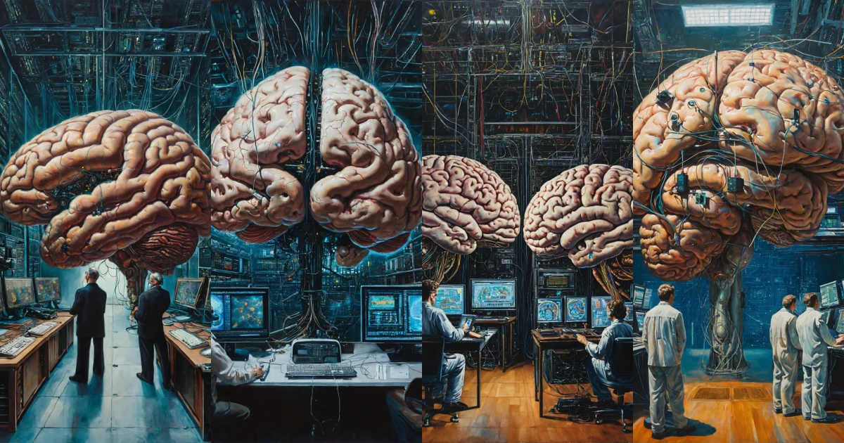 Lexica - In the center of the room, a colossal human brain is ...