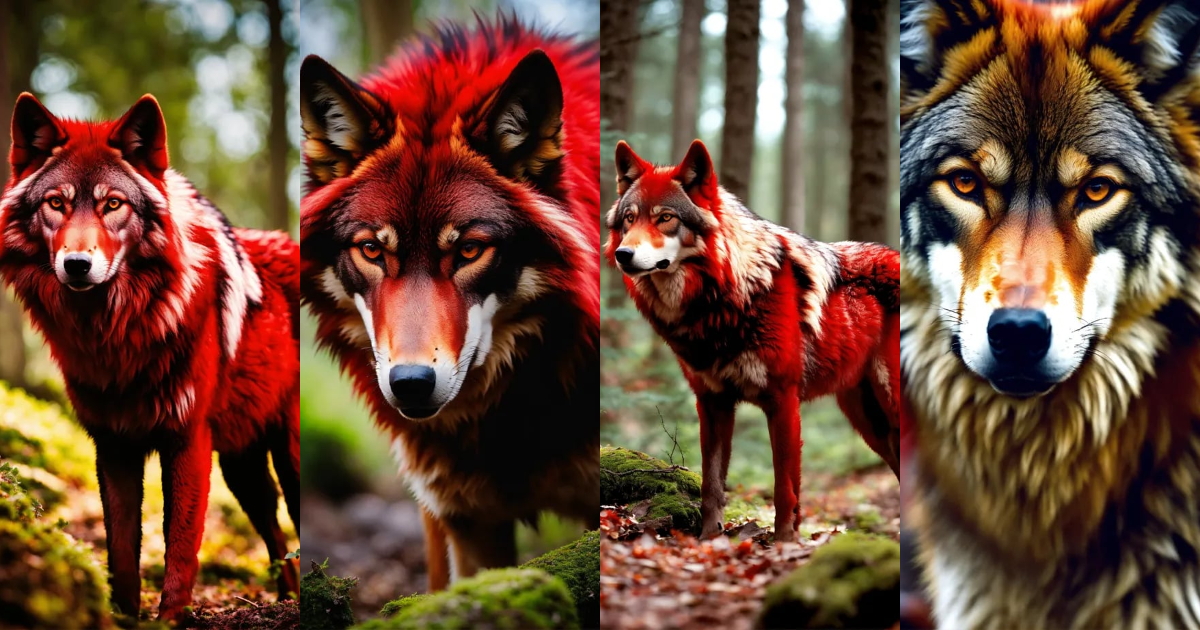 Lexica - Massive, red fur, wolf, in the woods, red eyes, up close