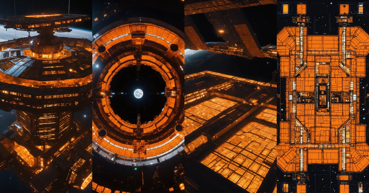 Lexica - Entire giant orange space station in dark space from top with ...