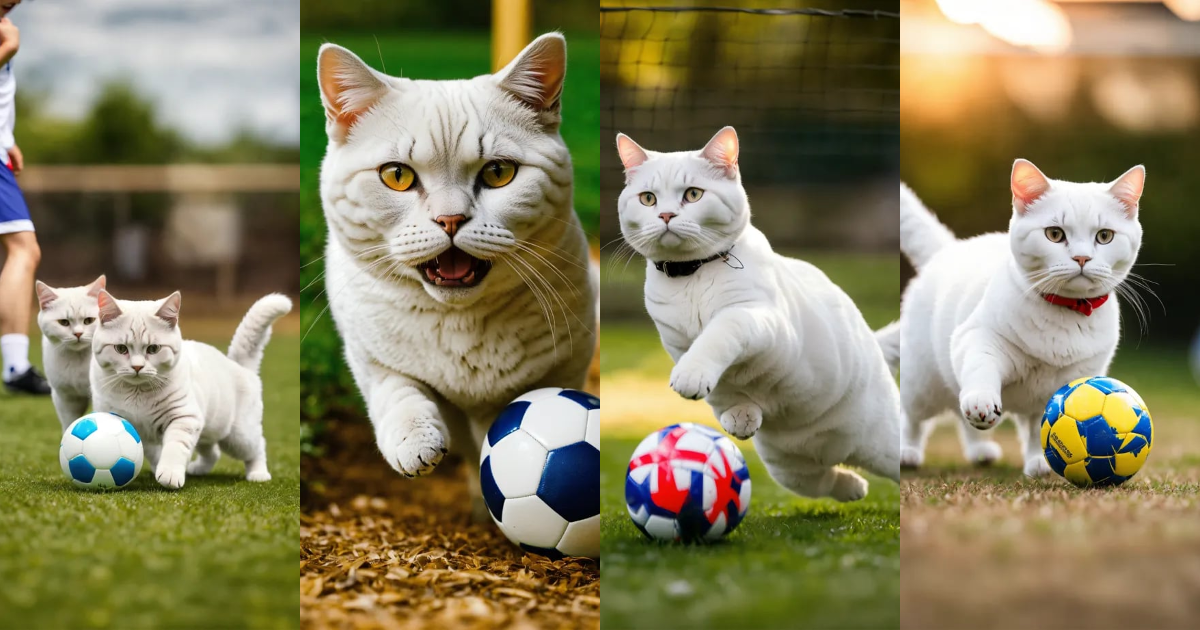 Lexica - Three white british shorthair playing soccer, wearing jersey