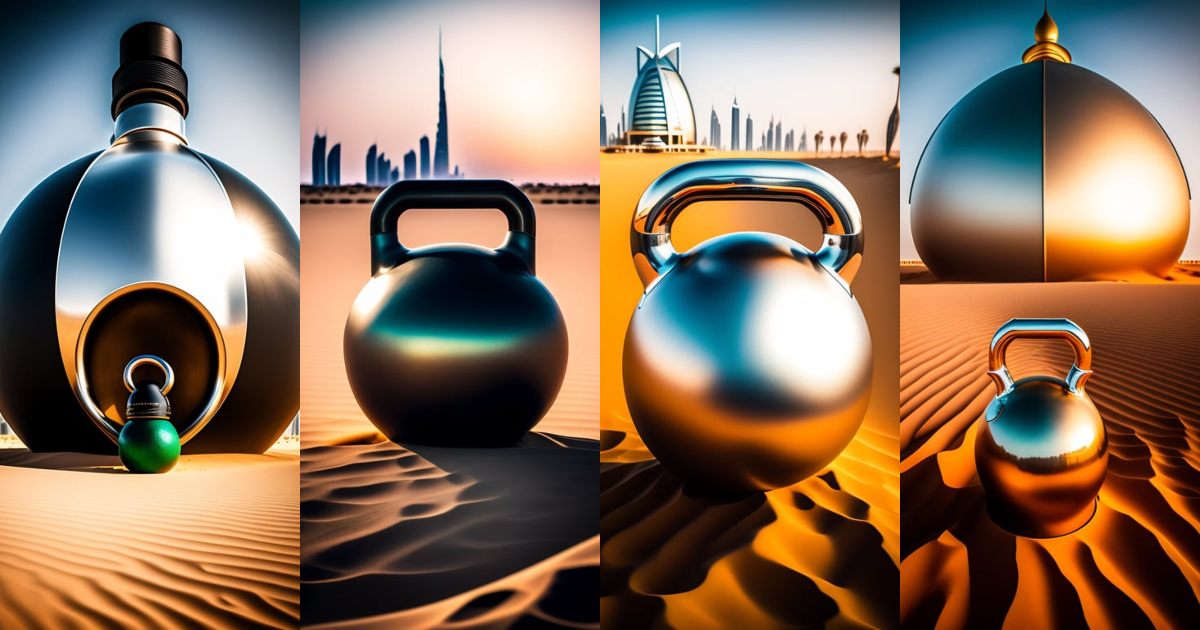 Lexica A massive kettlebell in a Dubai desert, Burj Al Arab in the
