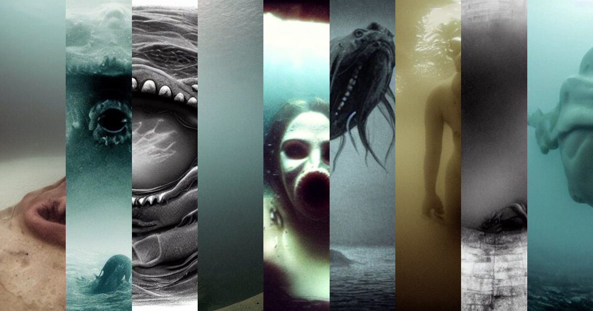 sea monster, wide angle, pov underwater, pale skin, dark, foggy  