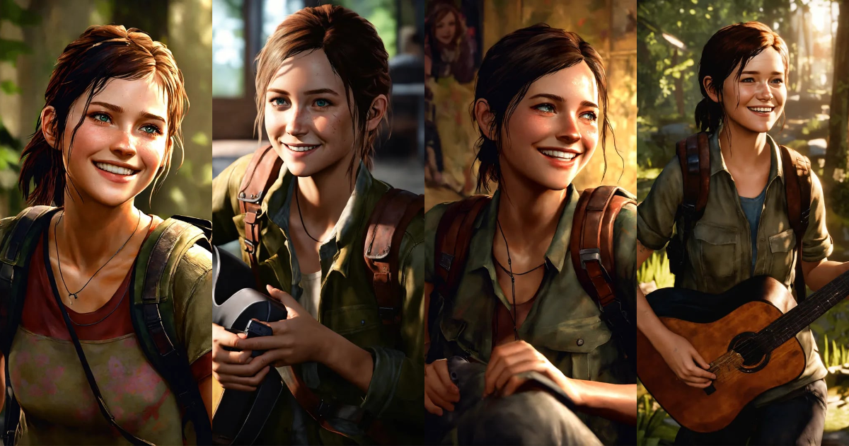 Lexica - Ellie from The Last of Us smiling, happy, playing PS5
