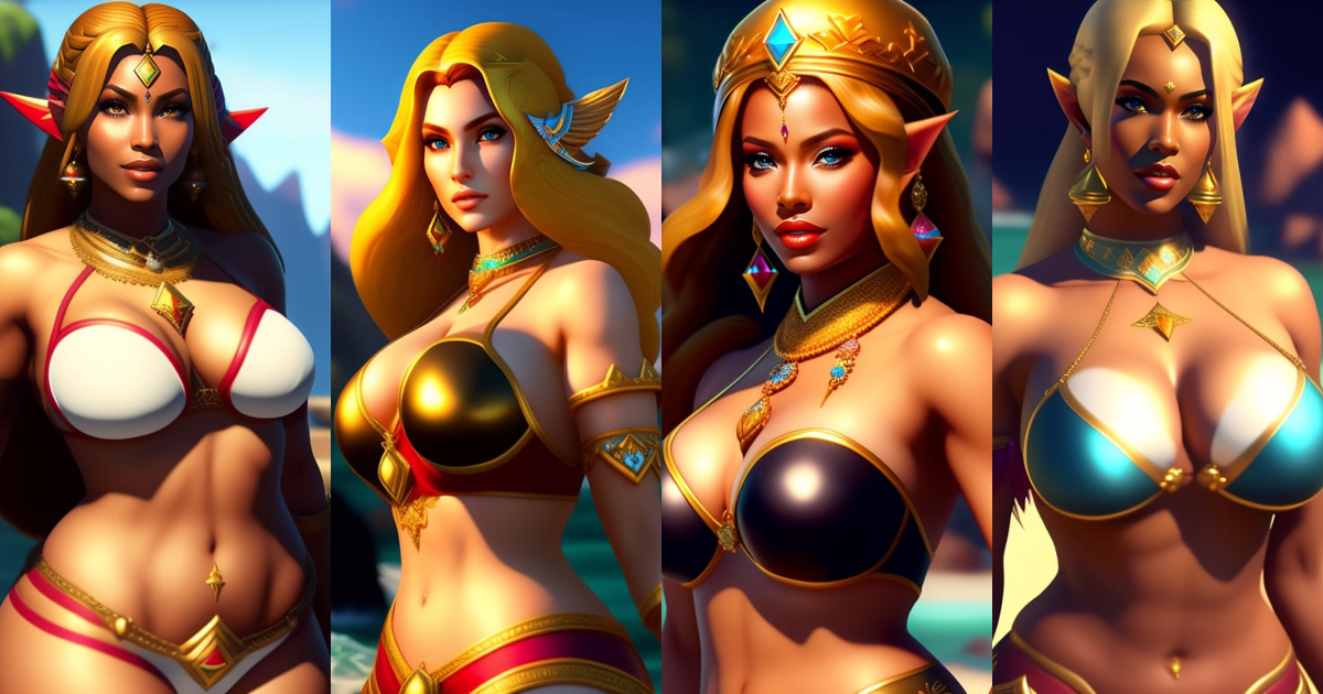 Lexica - Mommy body . the legend of zelda in bikini . mighty plump. gold  jewelry . diamond ornament. 8k resolution . highly detailed . gorgeous  wom...