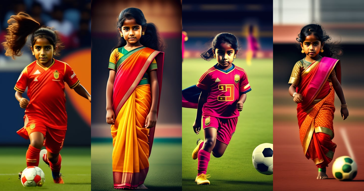 Lexica - A young girl wearing saree and playing football