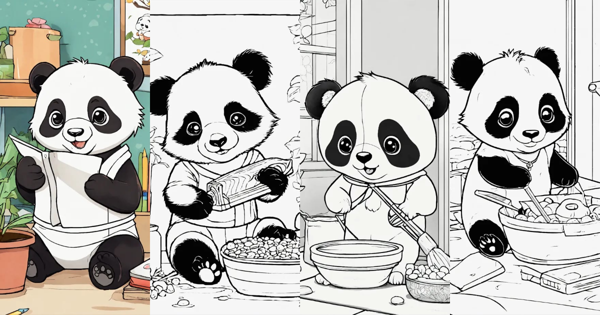 Lexica - Adorable baby panda doing daily tasks coloring page, no background