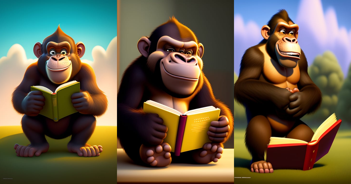 Lexica - Pixar art of a funny smiling ape reading a book