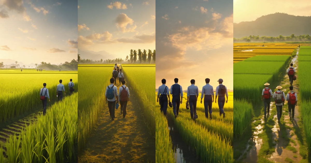 Lexica - A group of employee walking together, at rice field, unreal ...
