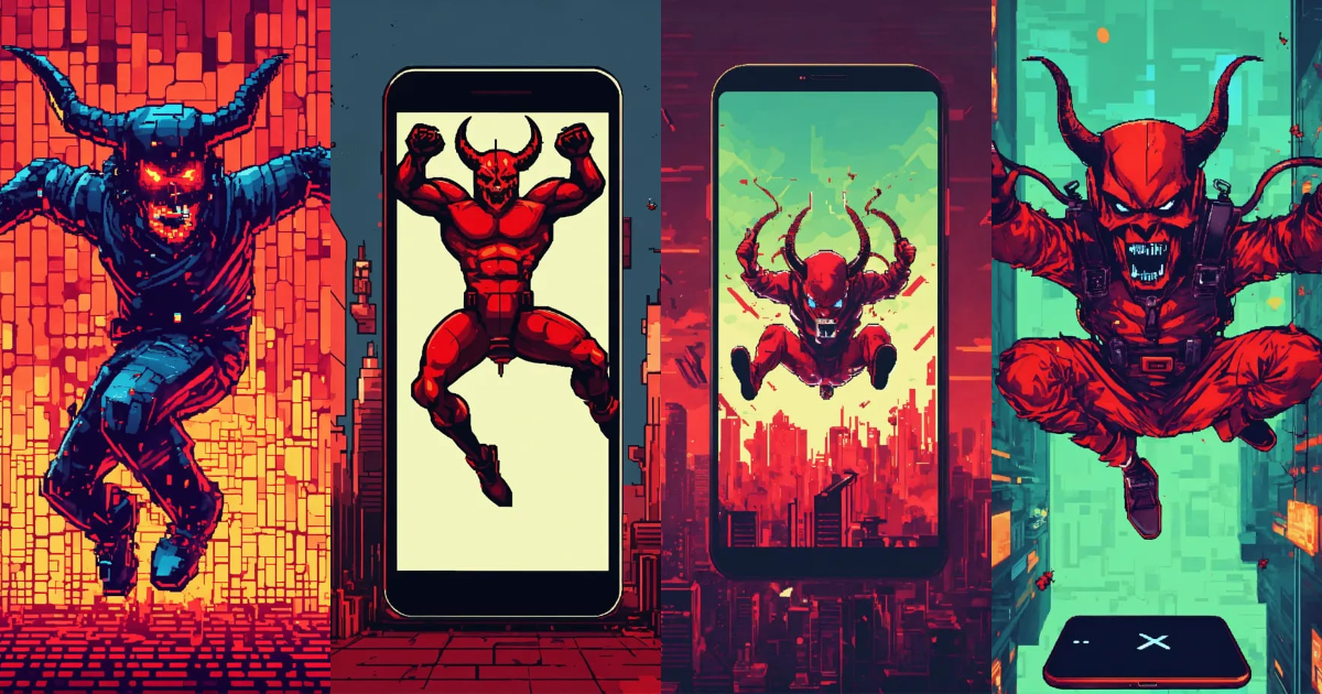 Lexica - Techno devil jumping upside down into smart phone screen cyber ...