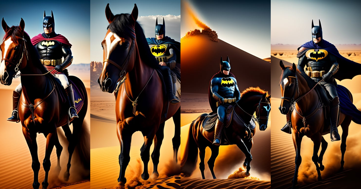 Lexica - Batman riding a horse in the desert