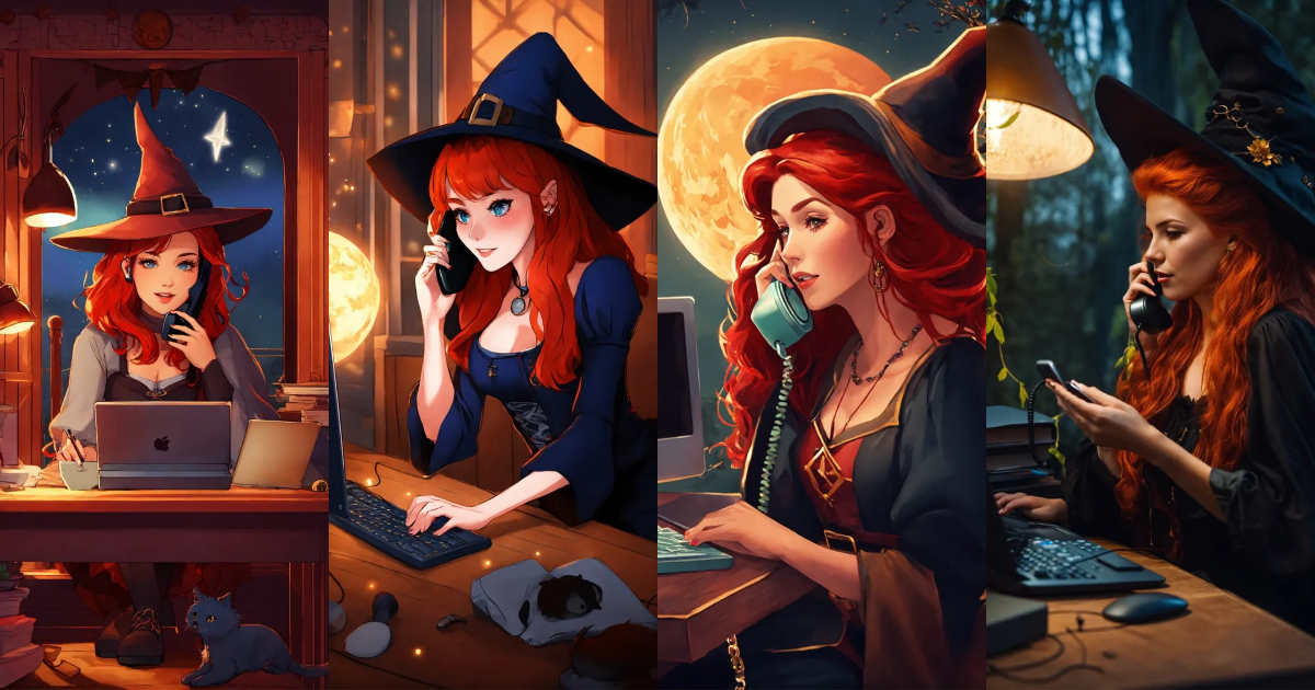 Lexica - Red-haired witch on the phone on her computer