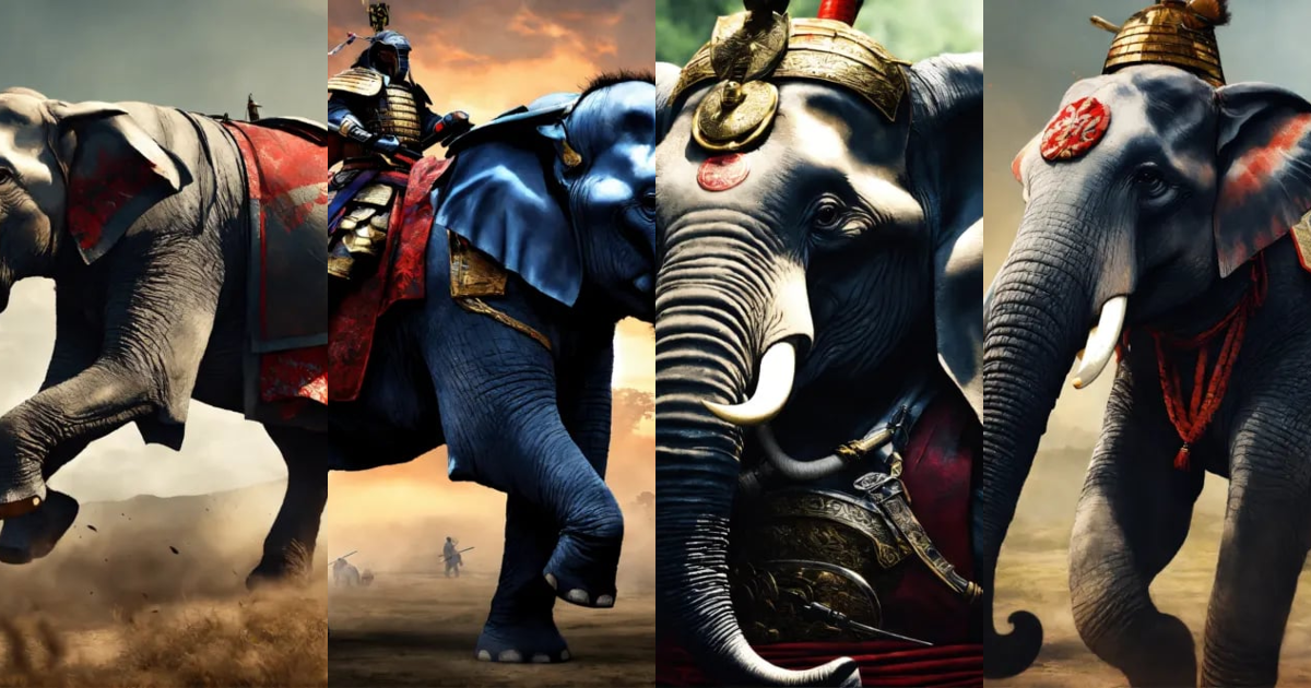 Lexica - Elephant samurai with arms. Battlefield. Hyper realistic.