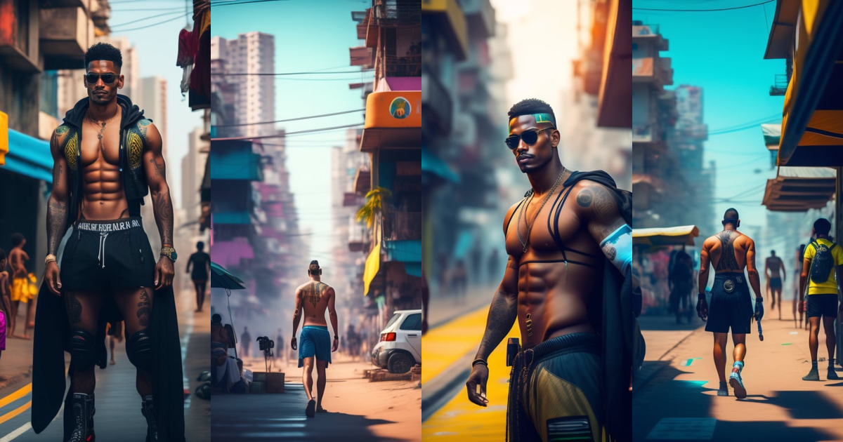 Lexica - Slum cyberpunk brazilian white man, cyberpunk copacabana beach ...