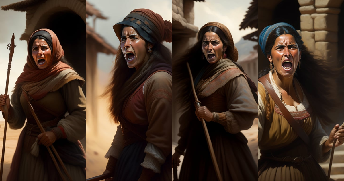 Lexica - Portrait of a spanish peasant woman shouting, with a bayoneted ...