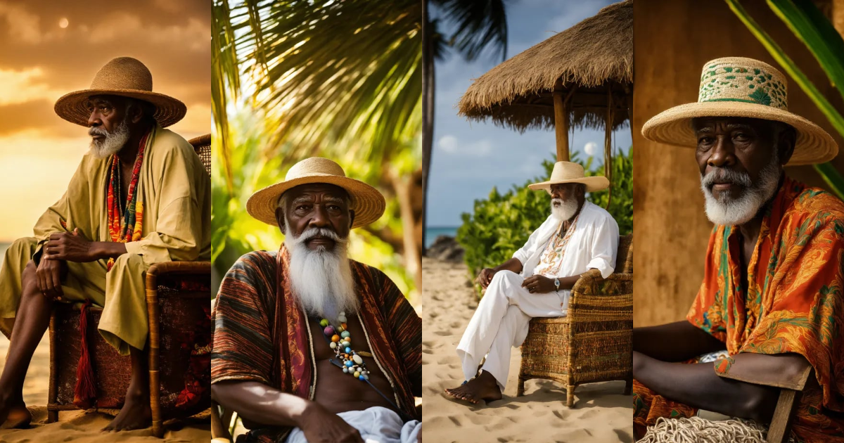 Lexica - A wise old man with white beard and bakoua hat in a tropical ...
