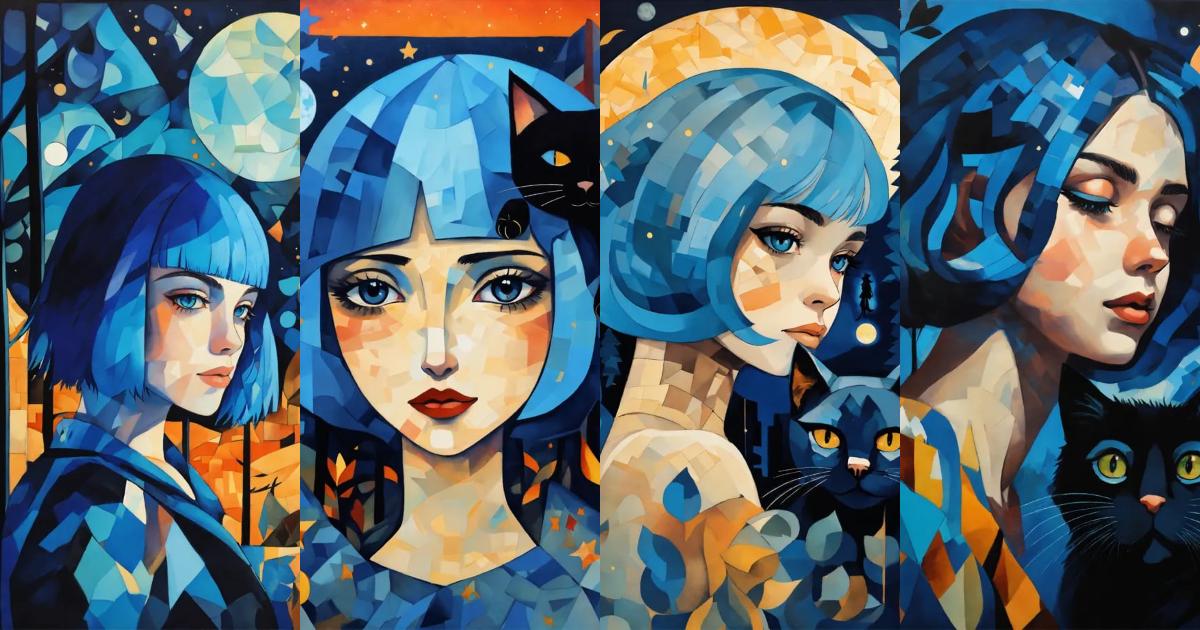 Lexica - Painting in cubist style of a young girl with blue hair ...