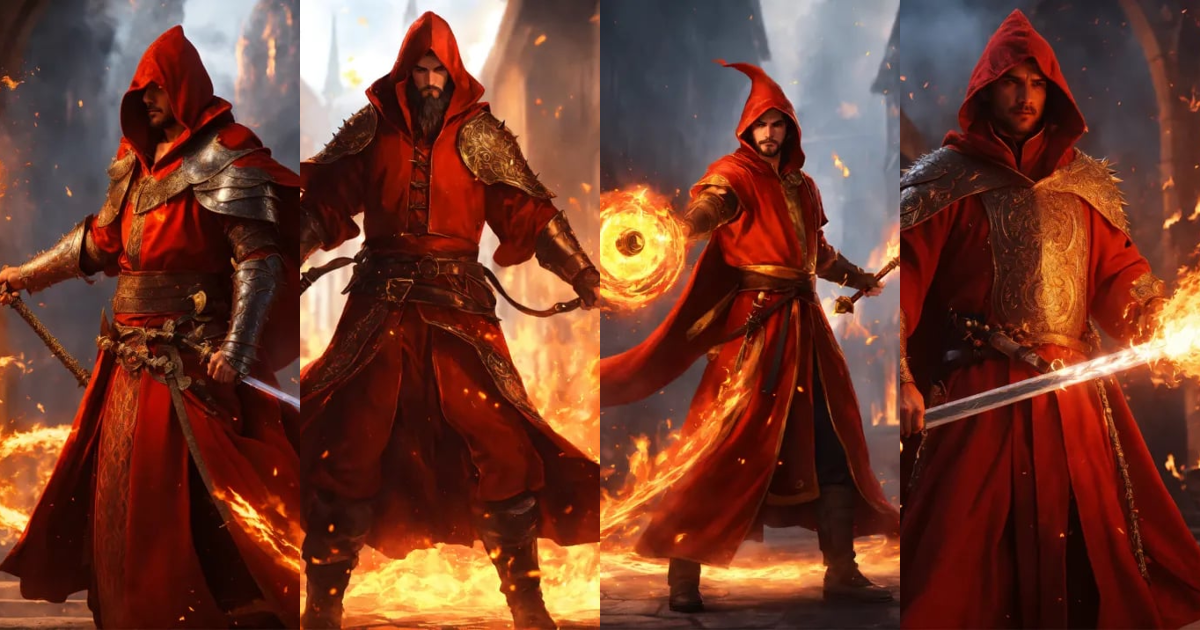 Lexica - Red robes sorcerer casting fire magic in an arc, flame ...