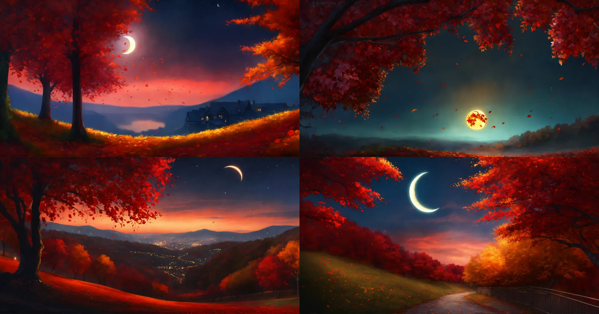 Lexica - Magical, crescent moon, autumn, nightscape, red leaves ...