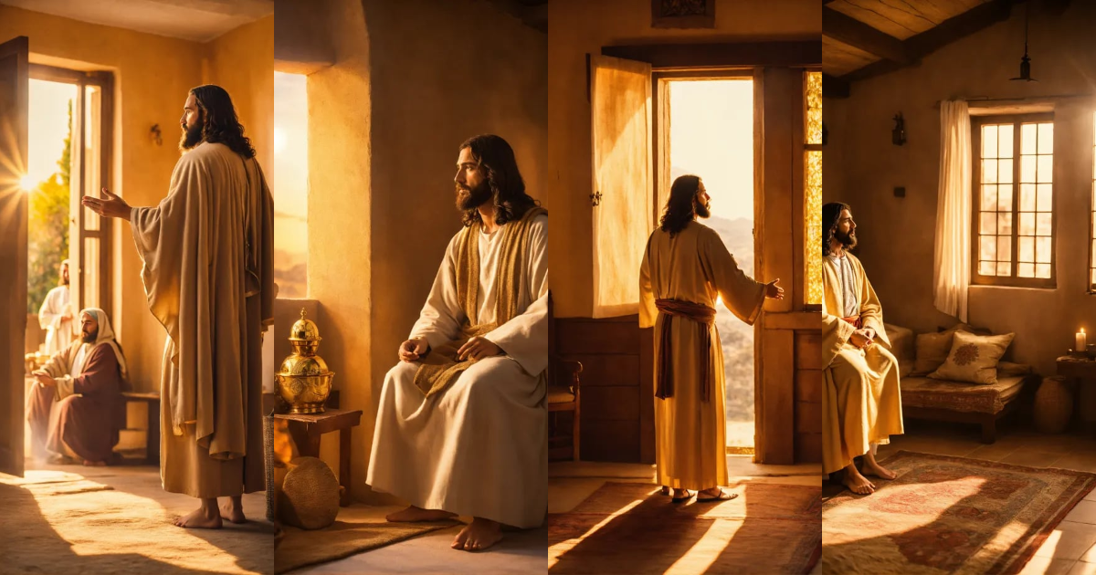 Lexica - Jesus of nazareth preaching. Golden hour. Inside a jewish house.
