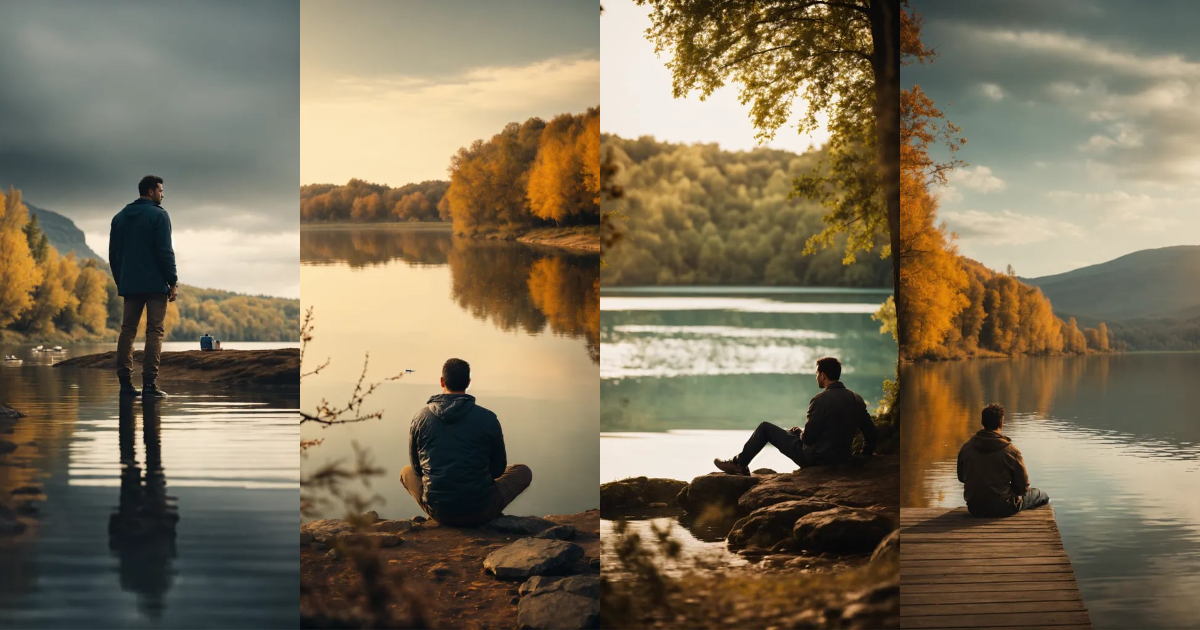 Lexica - Cinematic photo side view of man alone at a lake overlooking ...