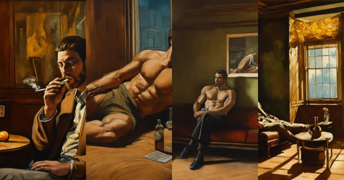Lexica - Male figure smoking, glasgow room interior by Peter Howson