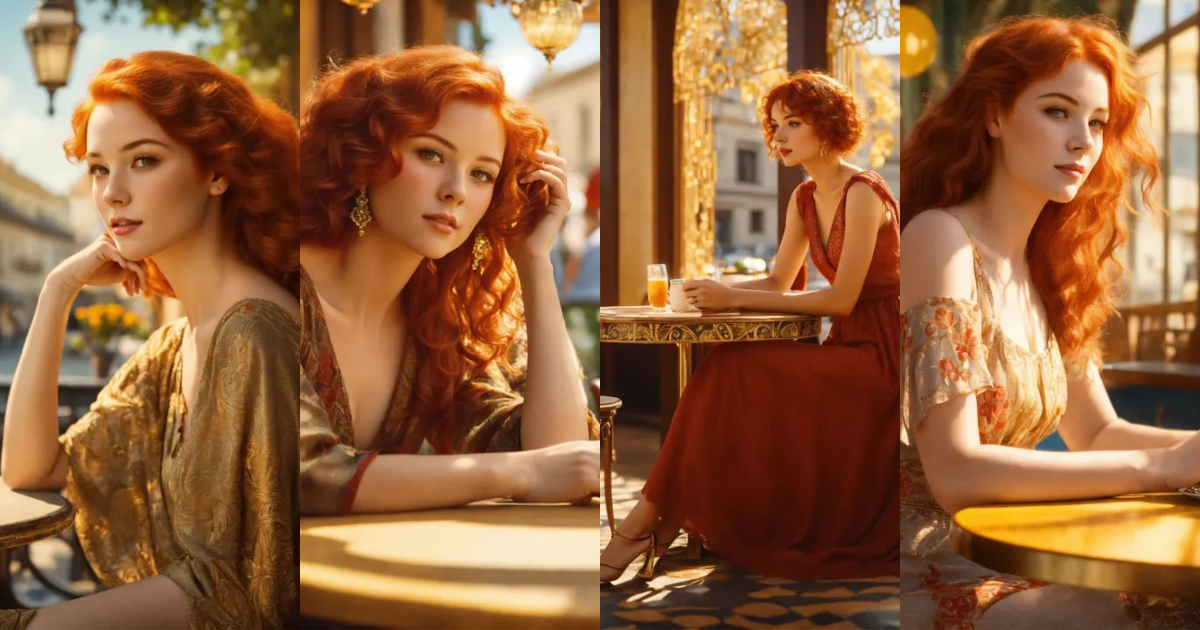 Lexica - A beautiful red-haired woman sitting in a sunny European cafe ...