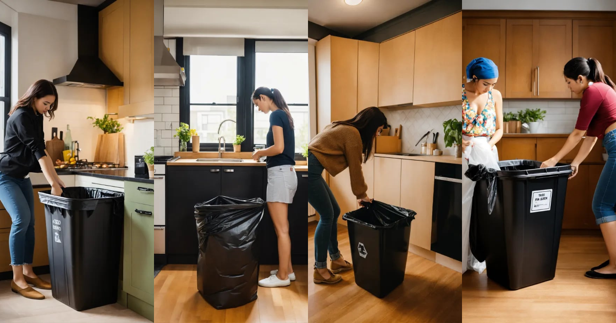 Lexica Women tying full trash bag inside small black kitchen bin, women standing, apartment