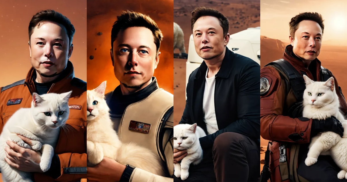 Lexica - Elon musk holding a white cat with some blonde fur in mars