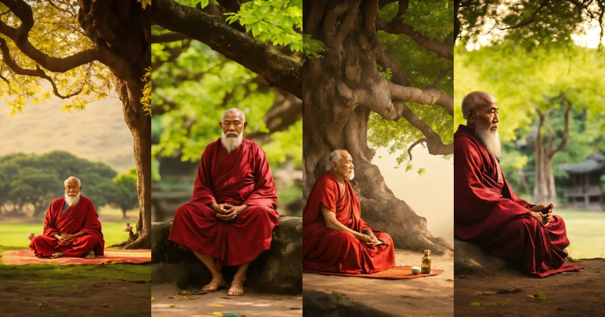 Lexica - Wise old monk in meditation under tree in a tranquil place