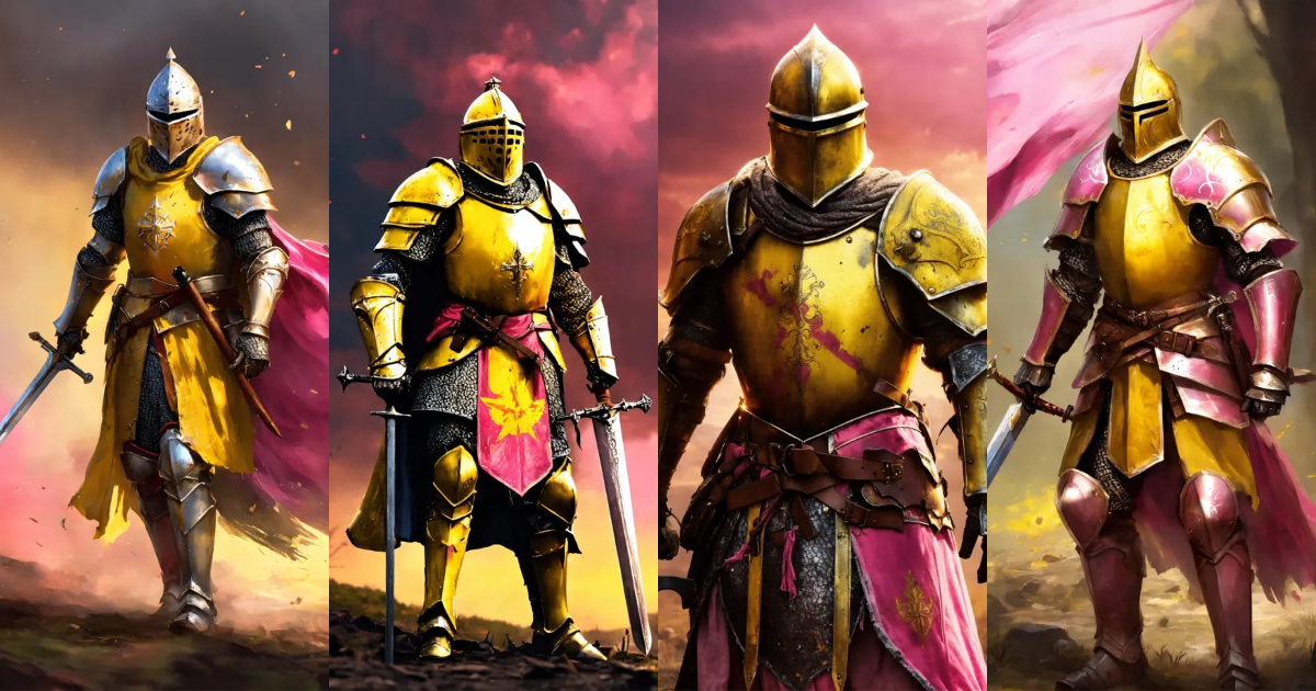Lexica - A good paladin knight in yellow and pink, damaged armour ...