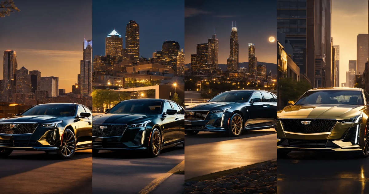 Lexica - 2023 Cadillac ct5 black and Gold with downtown landscape and ...