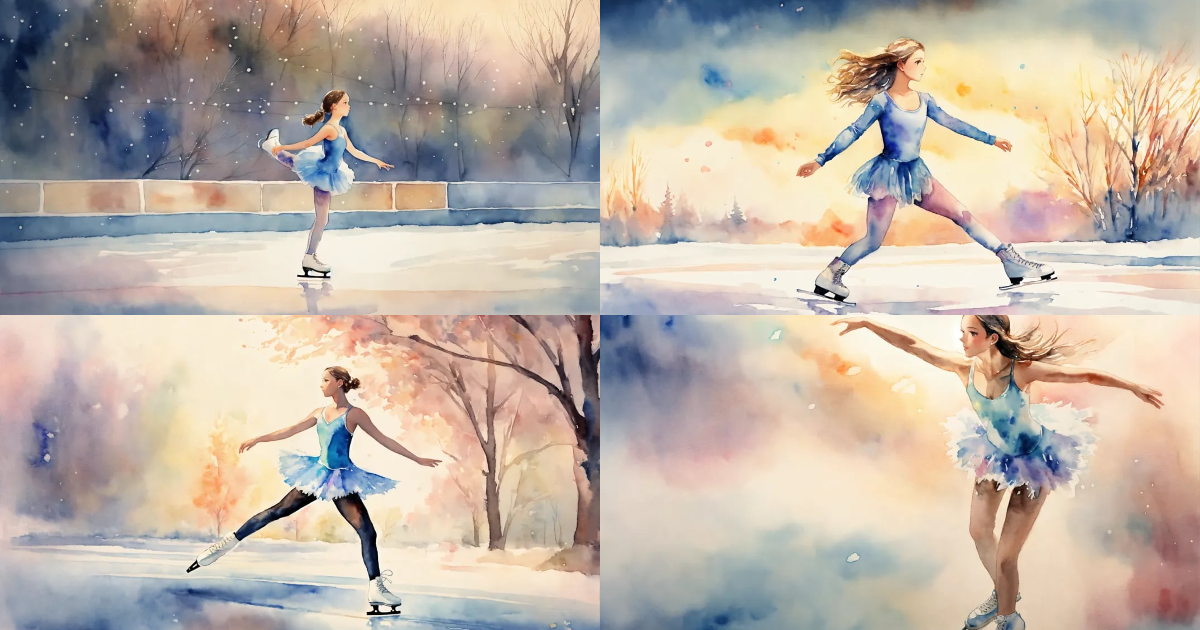 Lexica - Full body watercolor of a young female ice skater, soft colors ...