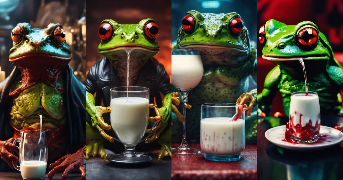 Lexica - Evil demonic AI god Satanic frog holding a glass of milk above ...