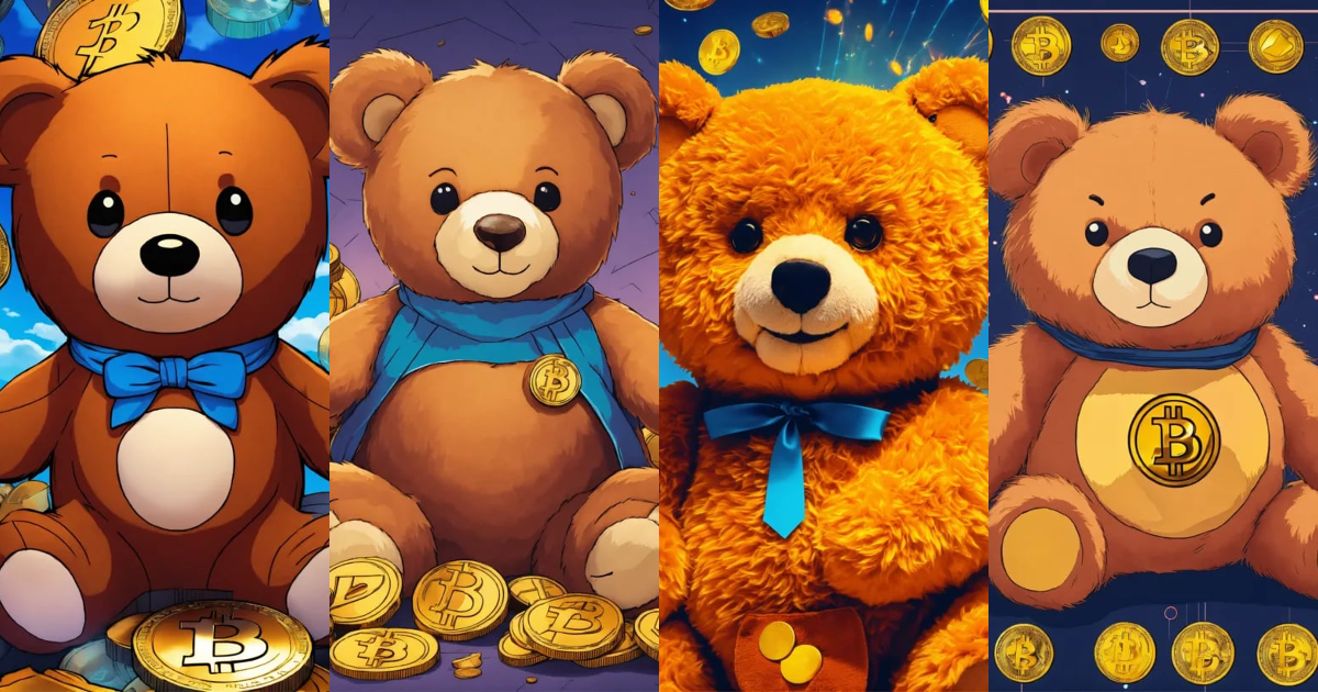 Lexica - Advertising poster of teddy bear , surrounded by cryptocurrency