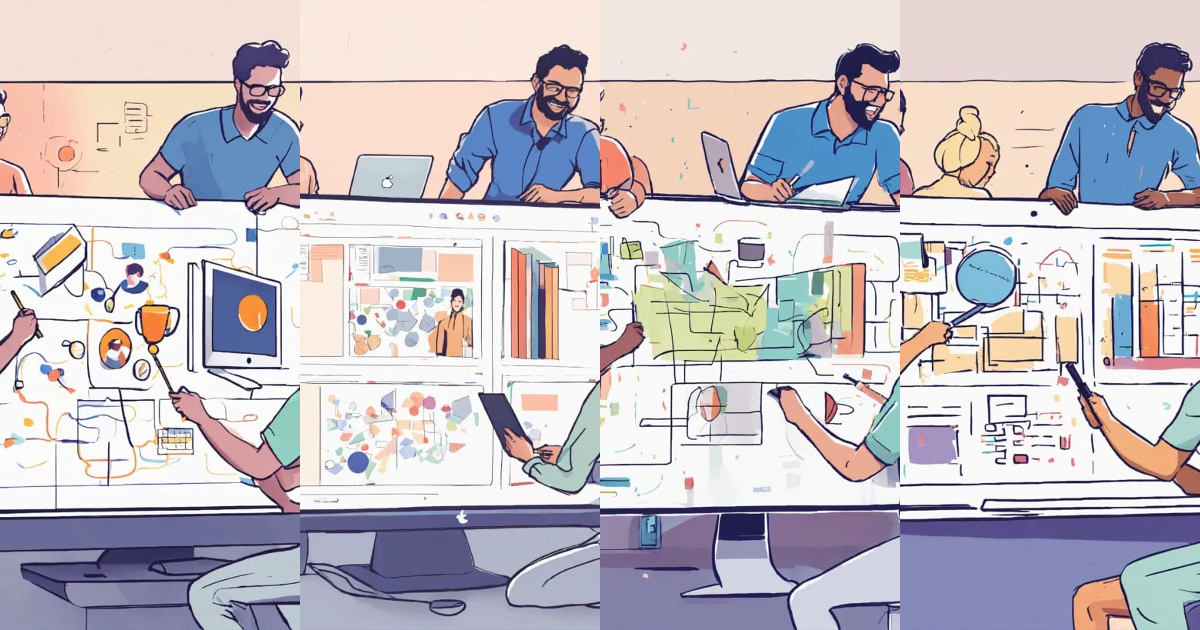 Lexica - Very simple drawing of happy colleagues collaborating behind a ...